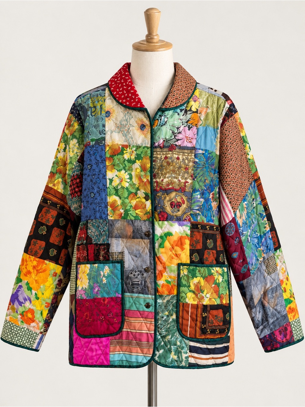 220 Hickory Vintage 100% Silk Patchwork Multicolor Quilted Reversible Jacket Lg